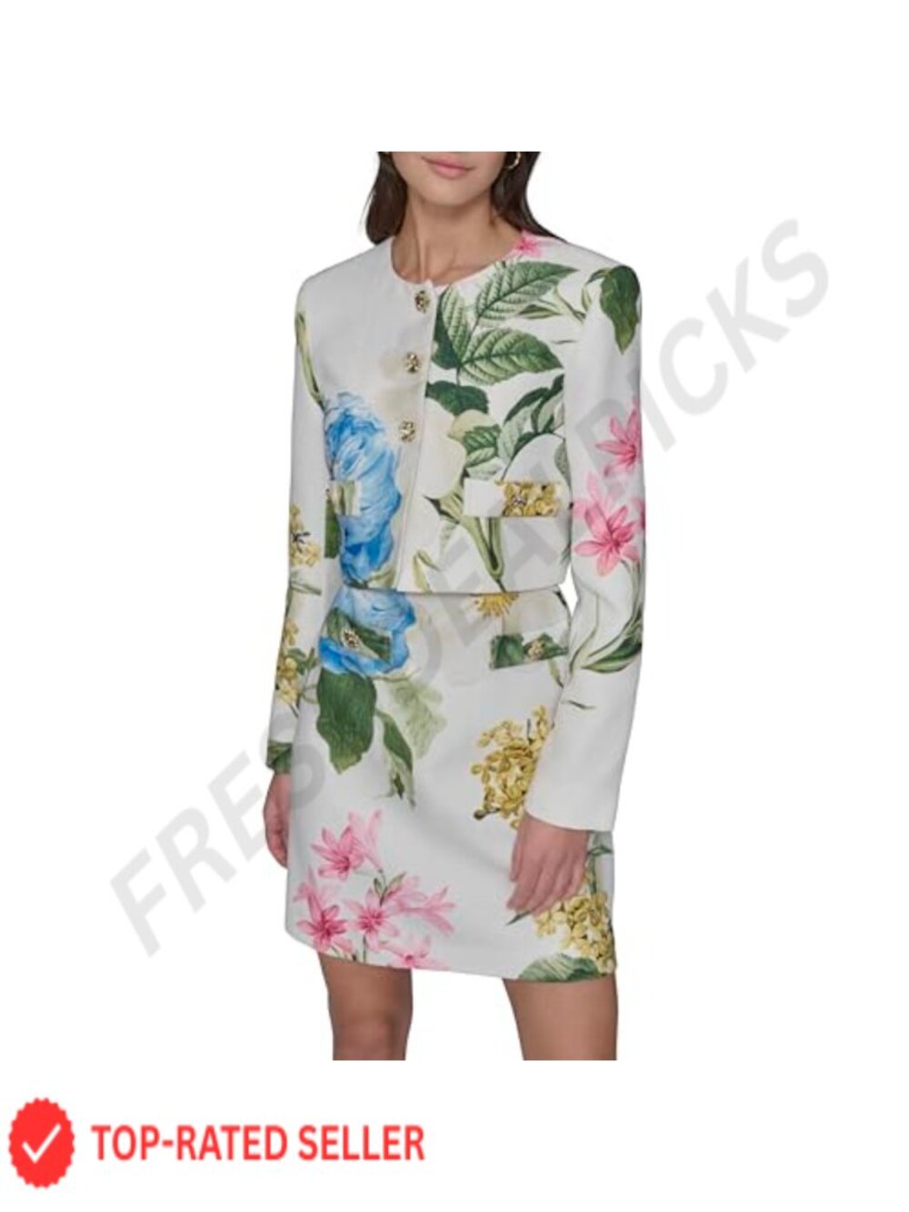 Cropped Tweed Jacket Gold Buttoned 3/4 Sleeve Tailored Blazer